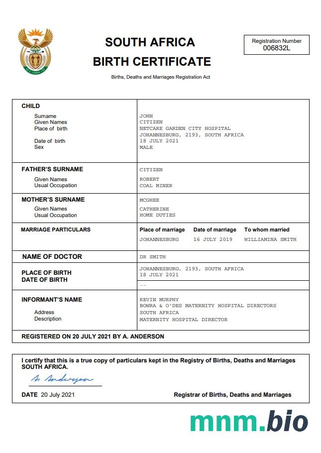 South Africa rekord życiowy narodziny certyfikat Word i PDF szablon